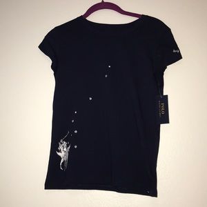 A navy blue t-shirt with white detailing.